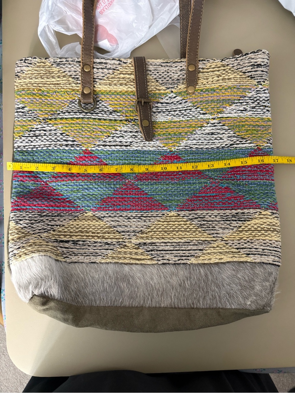 Myra woven southwest style design tote bag with leather and fur trimming. - Picture 10 of 13